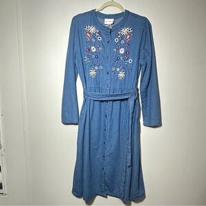 Vintage Denim Moves Midi Floral Embroidered Denim Dress with Belt Size Large